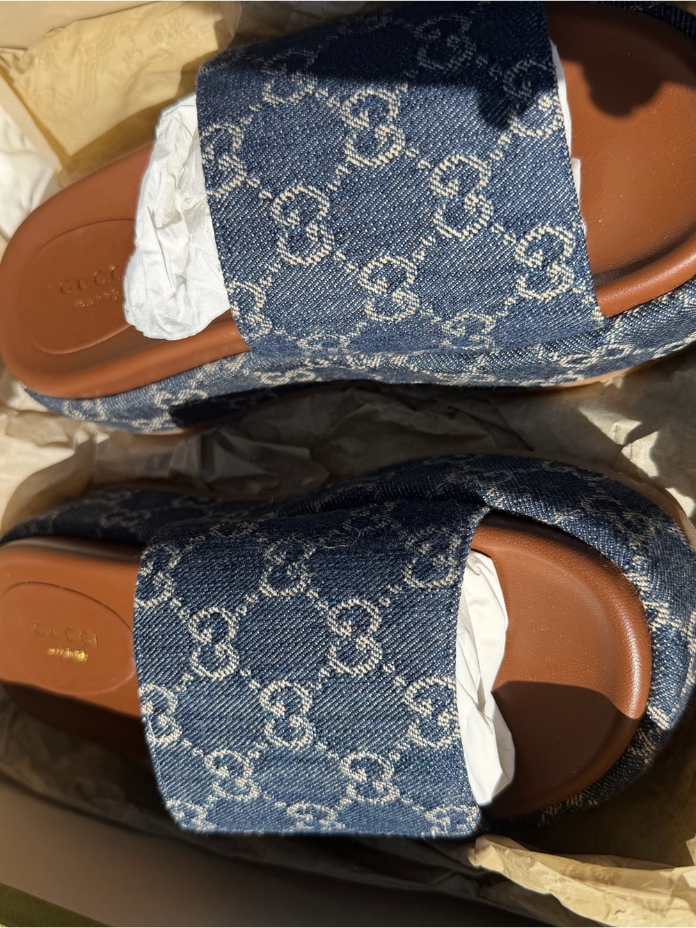 Gucci Blue Denim GG Monogram Slide Sandals